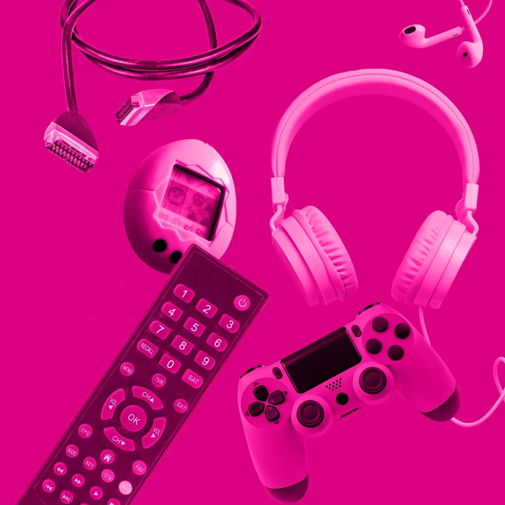 RYE0404_Infographics_Leisure_20231010_1200x675_Layers_v2 Floating electrical items in a pink haze against a bright pink background